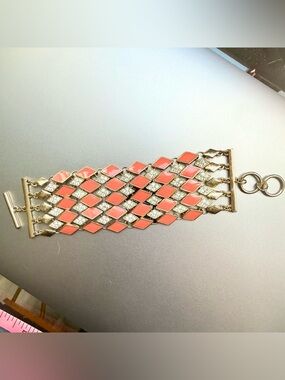 Vintage Coral Enamel and Pavè Style Rhinestone Gold  Art Deco Style Bracelet